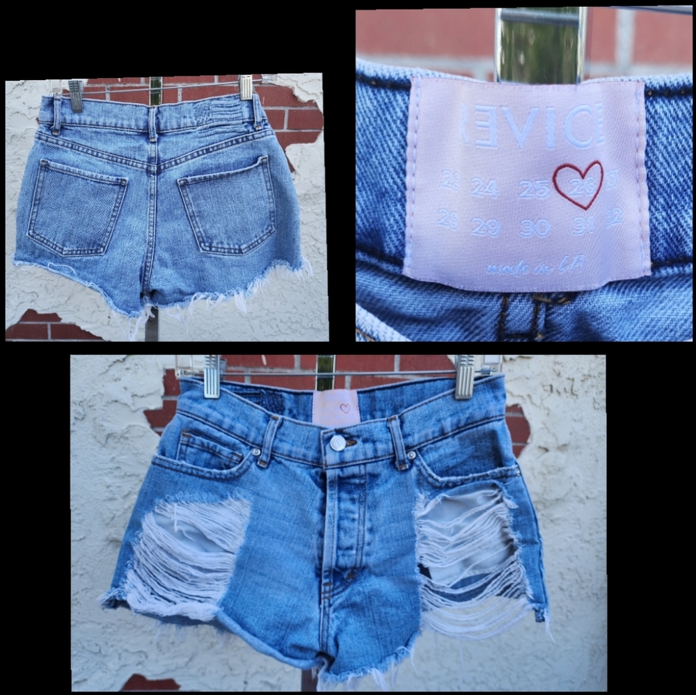 26 women REVICE blue denim jean cut off shorts distressed button fly MADE IN USA